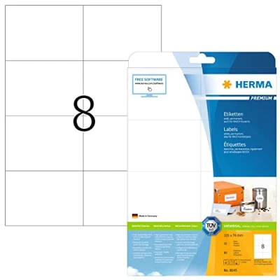 Obrázek HERMA 8645 přepravních štítků, 10 listů, 105 x 74 mm, 8 na arch A4, 80 kusů, samolepicí, potisknutelné, matné, prázdné papírové adresní štítky samolepky, bílé