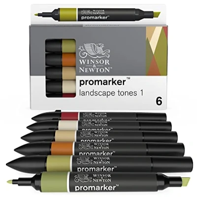 Obrázek Winsor &amp; Newton 0290117 ProMarker, profesionální layoutmarker 2 hroty, jemné a široké pro kreslení, design rozvržení sada 6 barev krajiny