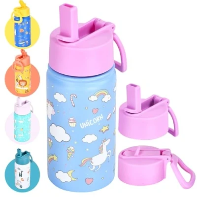 Obrázek Hydrate Bottles láhev na pití dětská nerezová ocel 400 ml potisk jednorožce s růžovým víkem ovládání jednou rukou termoska vhodná do školy a sport