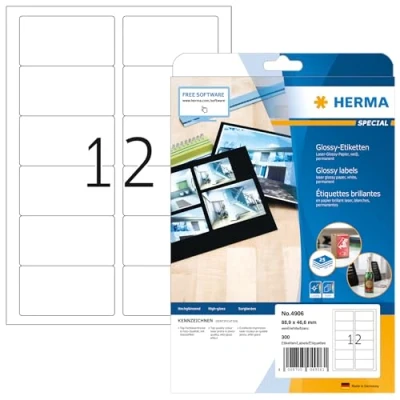 Obrázek HERMA etikety s vysokým leskem 4906, 25 listů, 88,9 x 46,6 mm, 12 na arch A4, 300 kusů, samolepicí, potisknutelné, lesklé, lesklé papírové lepicí samolepky, bílé