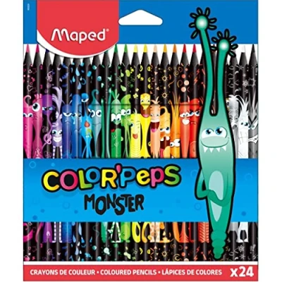 Obrázek Maped 862624 ergonomische Drei Kant Buntstifte, Farbstifte COLOR&#039;PEPS BLACK Monster schwarzer Schaft und bunte Bedruckung 24x Stifte, 24 Stück (1er Pack)