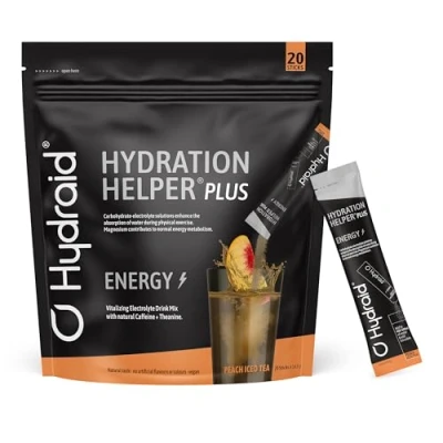 Obrázek Hydraid® Plus Energy Peach Iced Tea elektrolytový prášek s kofeinem více energie a zaměření 20 tyčinek extraktem ze zeleného čaje theaninem
