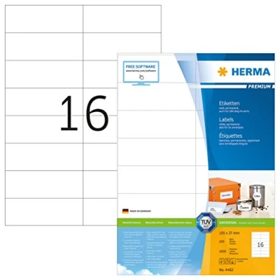 Obrázek HERMA 4462 adresní etikety, 100 listů, 105 x 37 mm, 16 na arch A4, 1600 kusů, samolepicí, s možností potisku, matné, prázdné papírové nálepky adresu, bílé