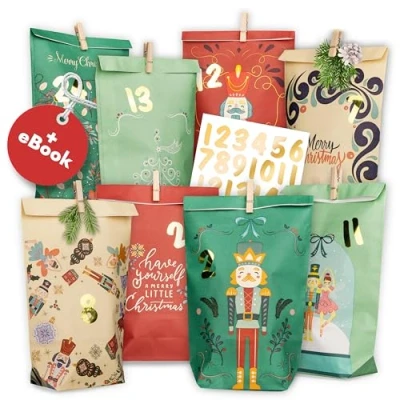 Obrázek Amari ® Adventní kalendář k naplnění Nutcracker 24 papírových adventních sáčků (s dřevěnými sponkami) pro tvoření na Vánoce papírové vánoční sáčky