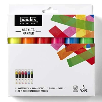 Obrázek Liquitex 4690005 Professional Paint akrylové barvy značkovače, umělecké pigmenty pro kreslení, malování na papír, plátno, textilie, široká špička sada 6 fixů Fluo