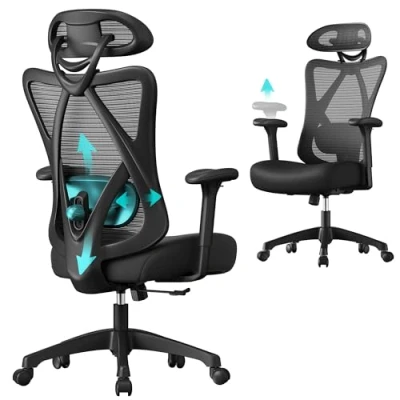 Obrázek SONGMICS Ergonomická kancelářská židle, židle k počítači, síťová bederní polštář a opěrka hlavy nastavitelná, maximální zatížení: 150 kg, výškově nastavitelné, inkoustová černá, OBN063B01
