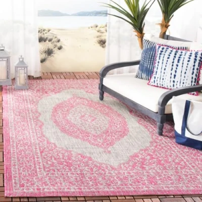 Obrázek SAFAVIEH Moderní koberec do obývacího pokoje, jídelny, ložnice Courtyard Collection, krátký předsíň, světle šedá a fuchsiová, 160 x 231 cm
