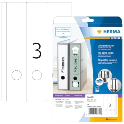 Obrázek HERMA 4831 Etikety na hřbety pořadačů dlouhé, široké, 25 listů, 61 x 297 mm, 3 arch A4, 75 kusů, samolepicí, potiskovatelné, neprůhledné, inkoustové štítky pořadače speciální papír