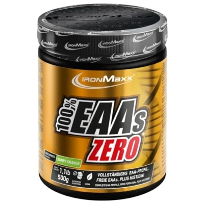 Obrázek IronMaxx Dóza 100% EAAs Zero Sunny Orange 500 g EAA prášek, veganský a bez cukru se všemi 8 esenciálními aminokyselinami ovocná chuť, konzervačních látek