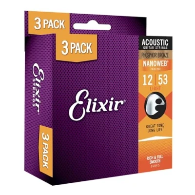 Obrázek Elixir Struny, struny akustické kytary, fosforový bronz s nanoWEB vrstvou, dlouhotrvající, sytý a plný tón příjemným pocitem při hraní, 3dílné balení, světlo 1253