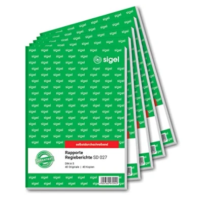 Obrázek SIGEL SD027/5 Rapport / zpráva o režisérii A5, 2 x 40 listů, samopropisující, balení 5 kusů, mikroperforované, se záložkovým otvorem, z udržitelného papíru