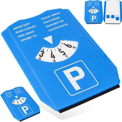 Obrázek parkovací kotouč se škrabkou na led, 2 kusy, v modré, osmi jazycích, sada hodiny s měřičem profilu pneumatik a čipem do nákupního vozíku, pro auto, nákladní vůz, obytný karta,