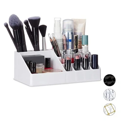 Obrázek Relaxdays Kosmetický organizér z akrylu, malý na make up s 16 přihrádkami líčení a držák rtěnky, bílý