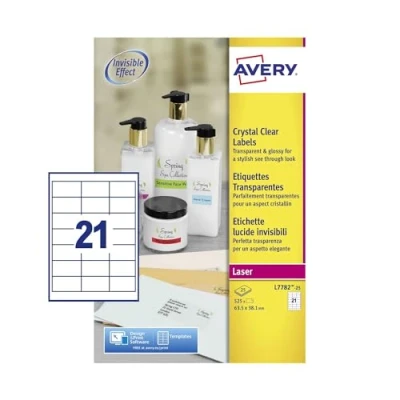 Obrázek Avery Křišťálově čisté etikety pro laserové tiskárny dlouhá životnost 21 na archu 63,5 x 38,1 mm 525 kusů průhledné