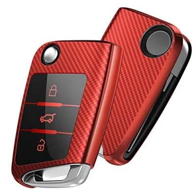Obrázek OATSBASF obal na klíče od auta VW, VW Golf 7 klíče, box Cover pro Polo, Škoda, Tiguan, MK7 3 tlačítka (červené proužky)