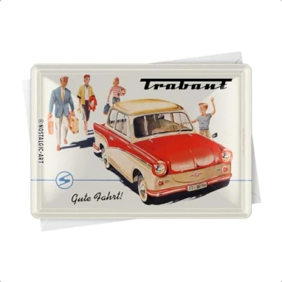 Obrázek Nostalgic Art Retro plechová pohlednice, 10 x 14 cm, Trabant Dobrá jízda suvenýr &amp; nápad na dárek, pohlednice z kovu, mini cedule jako blahopřání