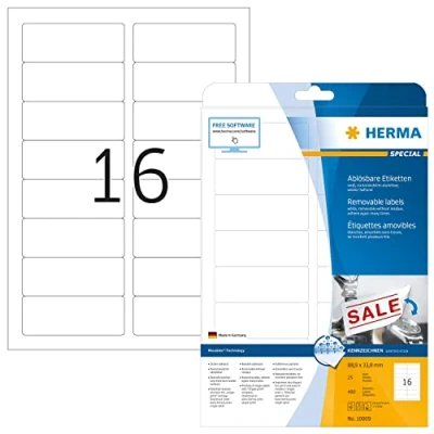 Obrázek HERMA 10009 univerzální odlepitelné etikety, 25 listů, 88,9 x 33,8 mm, 16 na arch A4, 400 kusů, samolepicí, potiskovatelné, matné, prázdné papírové lepicí bílé