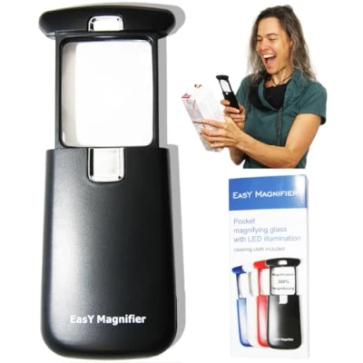 Obrázek EasY Magnifier Kapesní lupa trojitá s LED světlem; malá čtecí pomůcka pro seniory, mini ruční dárek; zvětšovací sklo