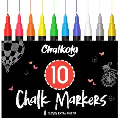 Obrázek Chalkola Křídové popisovače na tabuli omyvatelné, 10 křídových popisovačů neonové se stříbrnou a zlatou tužkou 1 mm extra jemný hrot, křídová tužka okno, sklo, tabule zvýrazňovače křídy pro