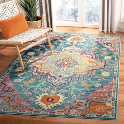 Obrázek SAFAVIEH Boho Teppich für Wohnzimmer, Esszimmer, Schlafzimmer Crystal Collection, Kurzer Flor, Blaugrün und Rose, 122 X 183 cm