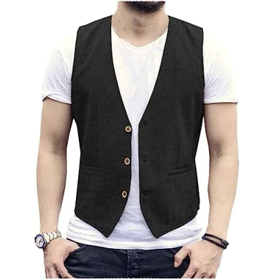 Obrázek AeoTeokey Pánská letní lněná Vesta oblek Casual Regular Fit, černá, S