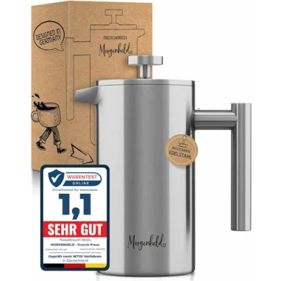 Obrázek Morgenheld French press z ušlechtilé oceli pro 5 šálků 1000 ml kov lis na kávu vhodný indukci 1 l termoizolační konvice přípravu kávy dvoustěnný
