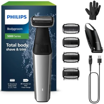 Obrázek Philips Bodygroom Series 5000, vodotěsný zastřihovač pro intimní oblasti a tělo, důkladné příjemné holení, péče o celé tělo včetně zad, doba provozu 60 minut, model BG5021/16