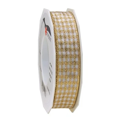 Obrázek Präsent VICHY METALLIC Band mit Drahtkante gold/weiss 20 m Rolle 25 mm