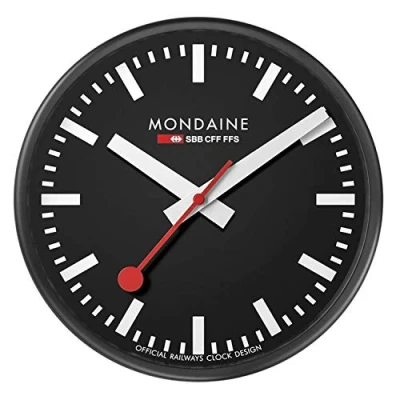 Obrázek Mondaine Nástěnné hodiny A990. Clock.64SBB 25cm Vlakové v černé barvě z hliníku s červenou vteřinovou ručičkou odolné proti prachu, černá, Minimalistický