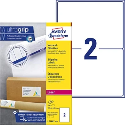Obrázek AVERY Zweckform L7168 100 přepravní štítky/zásilkové nálepky (200 etiket s ultra gripem, 199,6 x 143,5 mm na A4, možností potisku, samolepicí, pro střední, velké balíčky a role) listů,