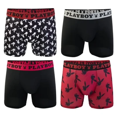 Obrázek Playboy Herren Sportliche Boxershorts für den täglichen Gebrauch, aus weichem, gebürstetem Stoff, Größen S, M, L und XL, 4 Stück Retroshorts, 4er Pack Bunny Wurf, Large