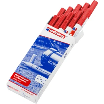 Obrázek edding 751 Lackmarker rot 10 Stifte Rundspitze 1 2 mm Lackstift zur Markierung und Beschriftung von Metall, Glas, Stein oder Kunststoff hitzebeständig, permanent, wisch wasserfest