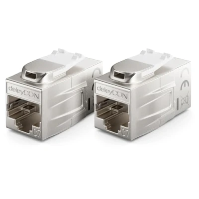 Obrázek deleyCON 2 kusy CAT 7 spojka Keystone kov 2X RJ45 zdířka pro patch kabel 600 MHz 10 Gbps LAN DSL Ethernet a použitelná jako stříbrná