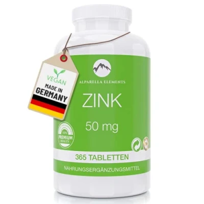 Obrázek Zinkové tablety vysoké dávky 50 mg glukonátu zinečnatého v jedné tabletě 365 veganských zinkových tablet jako 2letá zásoba doplněk stravy Alparella Elements