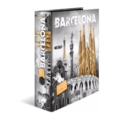 Obrázek HERMA pořadač A4 Barcelona Španělsko, 7 cm široký, dětský kroužkový s motivem měst, barevný na dokumenty vnitřním potiskem pro chlapce a dívky