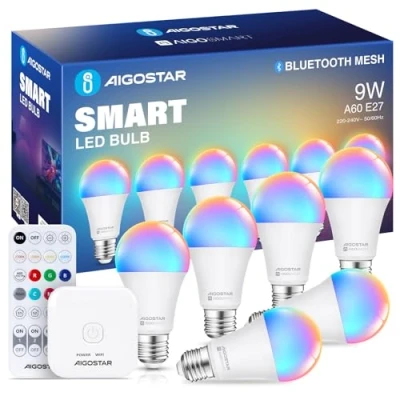 Obrázek Aigostar Mesh 9W Alexa žárovka Bluetooth A60, chytrá funguje s Alexa, Smart Bulb E27 LED 806LM RGB &amp; 2700K 6500K, 6 kusů (s dálkovým ovládáním a Gateway)