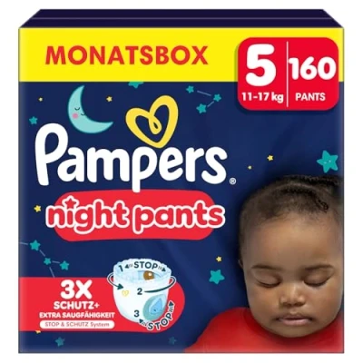 Obrázek Pampers Night plenkové kalhotky velikost 5 (12 kg 17 kg) Baby Dry, měsíční box, poskytují dodatečnou ochranu pro celou noc, 160 plenek do kalhotek