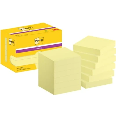 Obrázek Post it Poznámkové bločky se super samolepkami, balení s 12 bloky, 90 listů na blok, 47,6 mm x mm, barva: Žlutá Extra silně lepicí poznámkový blok pro poznámky, seznamy úkolů a vzpomínky