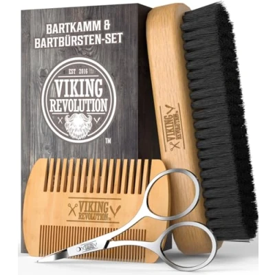 Obrázek Viking Revolution Hřeben na vousy a kartáč sada pro muže přírodní kančí štětiny &amp; Dual action hruškové dřevo se sametovým cestovním pouzdrem dárky