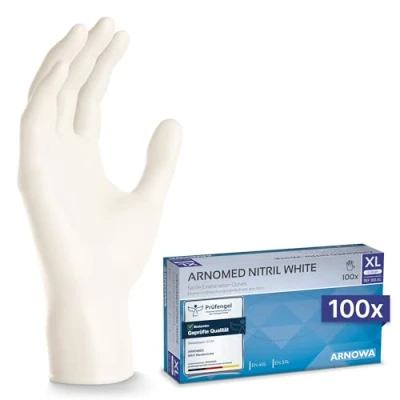 Obrázek ARNOMED Nitril rukavice na jedno použití 100 kusů/krabice, XL, bílé, jednorázové bez latexu, nitrilové pudru, k dispozici ve vel. S, M, L a XL
