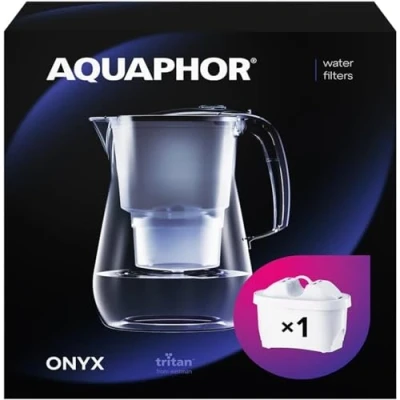 Obrázek AQUAPHOR vodní filtr onyx černý vč. 1 MAXFOR+ filtru I 4,2 l se skleněným vzhledem karafa redukuje kámen a chlór perfektní pro rodinu prémiová kvalita stylová nádoba