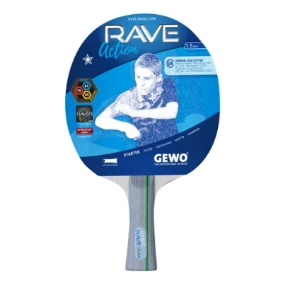 Obrázek GEWO Rave Action pálka na stolní tenis kontrolovaná pro začátečníky kompletní raketa s obložením Raver, vysoká kontrola a rychlost, konkávní, 1,5 mm silná houba