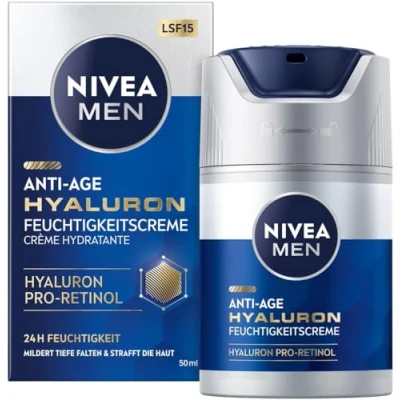 Obrázek NIVEA MEN Hydratační krém Anti Age Hyaluron, péče o obličej s hyaluronem, proretinolem a LSF 15, pleťový pro 24hodinovou vlhkost viditelné zmírnění vrásek (50 ml)