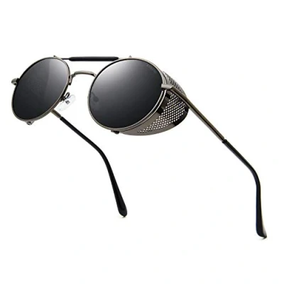 Obrázek RONSOU Steampunk styl kulaté vintage polarizované sluneční brýle retro UV400 ochrana kovový rám, B1 šedý rám/šedá čočka (není polarizovaná)