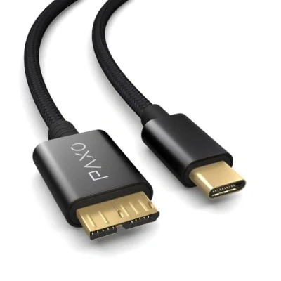 Obrázek PAXO 0,5m Nylon USB C Micro 3.2 Gen2 pevný diskový kabel, 10 Gbit/s, HDD datový nabíjecí kabel černý, konektor na B