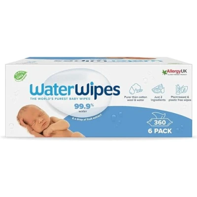 Obrázek WaterWipes Originální čisticí ubrousky bez plastů pro miminka, 360 kusů (6 balení), 99,9 % hadříků na bázi vody, neparfémované citlivou pokožku