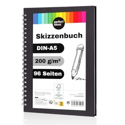 Obrázek perfect ideaz Skicák DIN A5, spirálová vazba, certifikace FSC®, 96 stran (48 listů), tvrdý obal černý, sketchbook, 200 g/m² silný papír, bez obsahu kyselin
