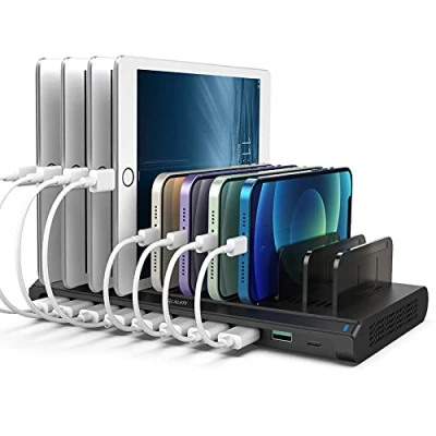 Obrázek Alxum 120W USB Multi mobilní nabíjecí stanice s QC 3.0 rychlým nabíjením a stanicí pro telefon typu C 10 přípojkami odnímatelnými přepážkami (černá)