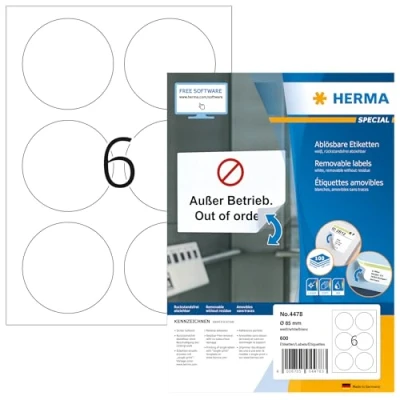 Obrázek HERMA 4478 Univerzální etikety odstranitelné, kulaté, 100 listů, Ø 85 mm, 6 archů A4, 600 kusů, samolepicí, s možností potisku, matné, prázdné papírové lepicí etikety, bílé