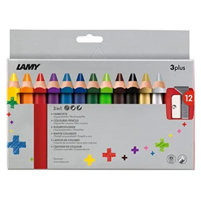 Obrázek Lamy 1223548 3plus barevné Tužky 520 sada 12 ks. Skládací krabice s barevnými tužkami + ořezávátko. z cedrového dřeva ergonomickým tvarem a vysokou brilancí barev extra silná náplň Ø 10